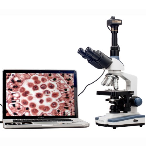 AmScope T120B-5M Digital Professional Siedentopf Trinocular Compound Microscope, 40X-2000X Magnification, WF10x and WF20x Eyepieces, Brightfield, LED Illumination, Abbe Condenser with Iris Diaphragm, Double-Layer Mechanical Stage, 100-240VAC, Includes 5MP