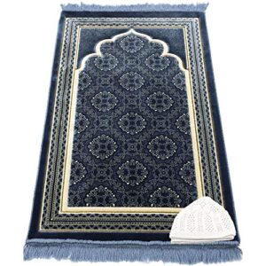 modefa turkish islamic prayer rug - soft velvet janamaz praying carpet - comfortable muslim praying mat for men & women - ramadan or eid gift - with kufi prayer cap - elegant swirl (blue)