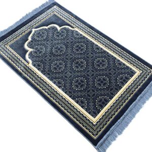 Modefa Turkish Islamic Prayer Rug - Soft Velvet Janamaz Praying Carpet - Comfortable Muslim Praying Mat for Men & Women - Ramadan or Eid Gift - with Kufi Prayer Cap - Elegant Swirl (Blue)