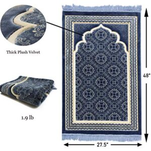 Modefa Turkish Islamic Prayer Rug - Soft Velvet Janamaz Praying Carpet - Comfortable Muslim Praying Mat for Men & Women - Ramadan or Eid Gift - with Kufi Prayer Cap - Elegant Swirl (Blue)