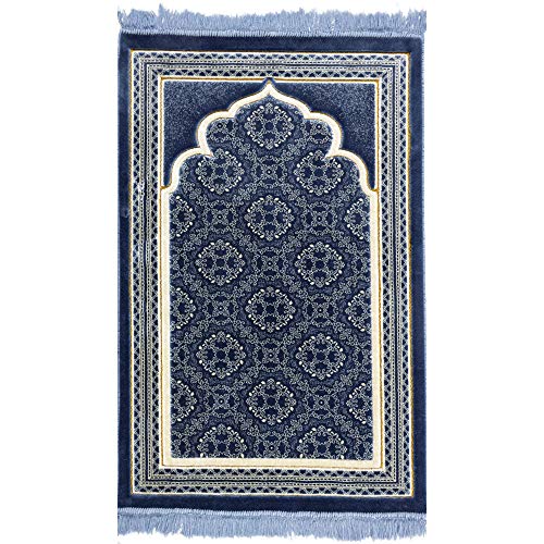 Modefa Turkish Islamic Prayer Rug - Soft Velvet Janamaz Praying Carpet - Comfortable Muslim Praying Mat for Men & Women - Ramadan or Eid Gift - with Kufi Prayer Cap - Elegant Swirl (Blue)