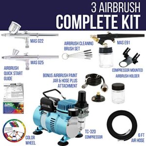 Master Airbrush Cool Runner II Dual Fan Air Compressor Professional Airbrushing System Kit with 3 Airbrushes, Gravity and Siphon Feed - Holder, Color Mixing Wheel, Cleaning Brush Set, How-To Guide