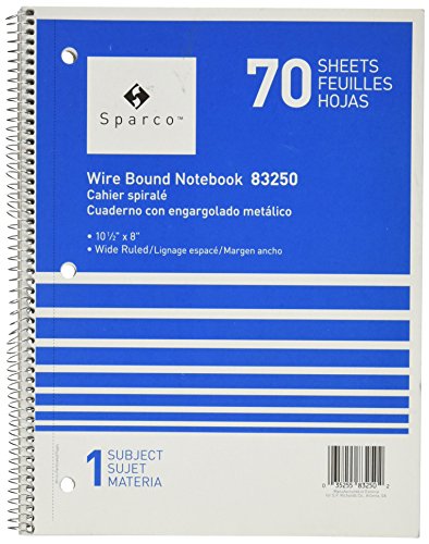 Sparco Notebooks, 1 Subject, 10-1/2 x 8 Inches, Wide Ruled, 70 Sheets, Assorted (SPR83250)