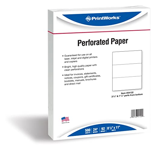 PrintWorks Professional Perforated Paper for Statements, Invoices, Gift Certificates, Coupons and More, 8.5 x 11, 24 lb, 2 Horizontal Perfs 3 2/3" and 7 1/3" From Bottom, 500 Sheets, White (04122)