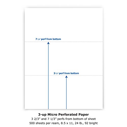 PrintWorks Professional Perforated Paper for Statements, Invoices, Gift Certificates, Coupons and More, 8.5 x 11, 24 lb, 2 Horizontal Perfs 3 2/3" and 7 1/3" From Bottom, 500 Sheets, White (04122)