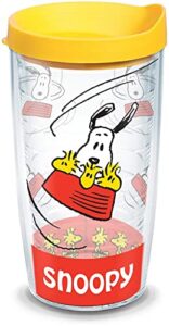 tervis peanuts - snoopy insulated tumbler with wrap and yellow lid, 16oz, clear