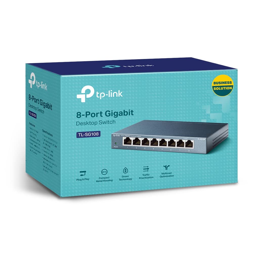 TP-Link TL-SG108 | 8 Port Gigabit Unmanaged Ethernet Network Switch, Ethernet Splitter | Plug & Play | Fanless Metal Design | Shielded Ports | Traffic Optimization | Limited Lifetime Protection