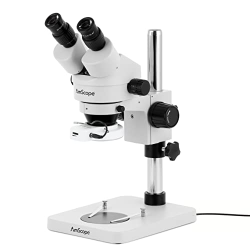 AmScope SM-1BSX-64S Professional Binocular Stereo Zoom Microscope, WH10x Eyepieces, 3.5X-45X Magnification, 0.7X-4.5X Zoom Objective, 64-Bulb LED Ring Light, Pillar Stand, Includes 0.5x Barlow Lens