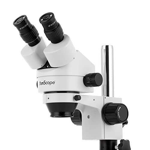 AmScope SM-1BSX-64S Professional Binocular Stereo Zoom Microscope, WH10x Eyepieces, 3.5X-45X Magnification, 0.7X-4.5X Zoom Objective, 64-Bulb LED Ring Light, Pillar Stand, Includes 0.5x Barlow Lens