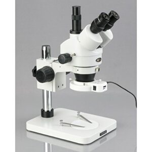 AmScope SM-1TS-144S-M Digital Professional Trinocular Stereo Zoom Microscope, WH10x Eyepieces, 7X-45X Magnification, 0.7X-4.5X Zoom Objective, 144-Bulb LED Ring Light, Pillar Stand, 110V-240V, Includes 1.3MP Camera with Reduction Lens and Software