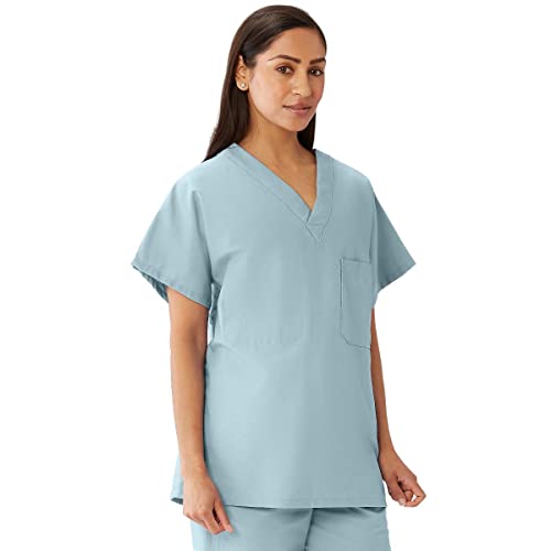 Medline 100%-Cotton Unisex Reversible V-Neck Scrub Top, 2 Pockets, Misty, Size X-Small