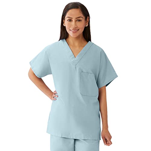 Medline 100%-Cotton Unisex Reversible V-Neck Scrub Top, 2 Pockets, Misty, Size X-Small