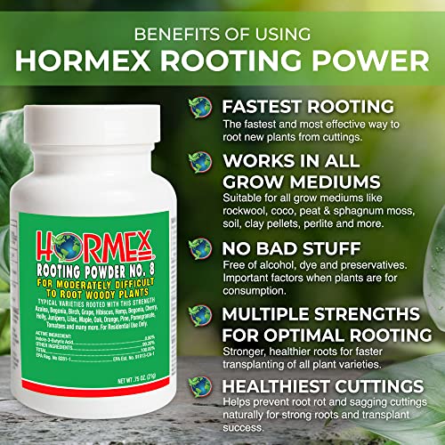 Hormex Rooting Powder #8 - Rooting Hormone for Moderately Difficult to Root Plants - Fast & Easy Way to Clone Plants from Cuttings - Stronger, Healthier Roots Using Cloning Powder - 0.8 IBA