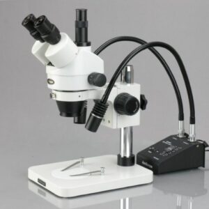 AmScope SM-1TSW2-L6W-10M Digital Professional Trinocular Stereo Zoom Microscope, WH10x and WH25x Eyepieces, 3.5X-225X Magnification, 0.7X-4.5X Zoom Objective, 6W Dual-Gooseneck LED Light, Pillar Stand, 85V-265V, Includes 0.5X and 2.0X Barlow Lenses, Inclu