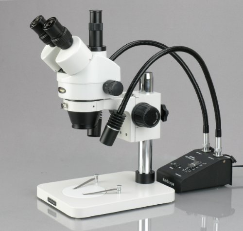 AmScope SM-1TSW2-L6W-10M Digital Professional Trinocular Stereo Zoom Microscope, WH10x and WH25x Eyepieces, 3.5X-225X Magnification, 0.7X-4.5X Zoom Objective, 6W Dual-Gooseneck LED Light, Pillar Stand, 85V-265V, Includes 0.5X and 2.0X Barlow Lenses, Inclu