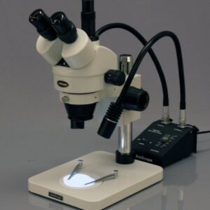 AmScope SM-1TSW2-L6W-10M Digital Professional Trinocular Stereo Zoom Microscope, WH10x and WH25x Eyepieces, 3.5X-225X Magnification, 0.7X-4.5X Zoom Objective, 6W Dual-Gooseneck LED Light, Pillar Stand, 85V-265V, Includes 0.5X and 2.0X Barlow Lenses, Inclu