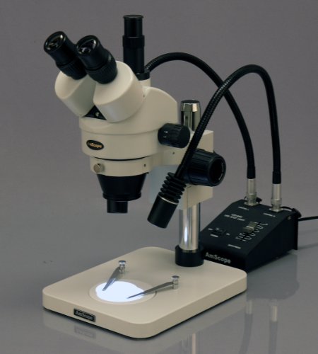 AmScope SM-1TSW2-L6W-10M Digital Professional Trinocular Stereo Zoom Microscope, WH10x and WH25x Eyepieces, 3.5X-225X Magnification, 0.7X-4.5X Zoom Objective, 6W Dual-Gooseneck LED Light, Pillar Stand, 85V-265V, Includes 0.5X and 2.0X Barlow Lenses, Inclu