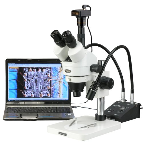 AmScope SM-1TSW2-L6W-10M Digital Professional Trinocular Stereo Zoom Microscope, WH10x and WH25x Eyepieces, 3.5X-225X Magnification, 0.7X-4.5X Zoom Objective, 6W Dual-Gooseneck LED Light, Pillar Stand, 85V-265V, Includes 0.5X and 2.0X Barlow Lenses, Inclu