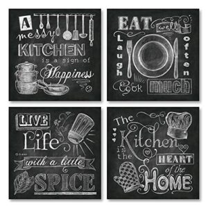 beautiful, fun, chalkboard-style kitchen signs; messy kitchen, heart of the home, spice of life, and cook much; four 12x12in paper posters (printed on paper and made to look like chalkboard)