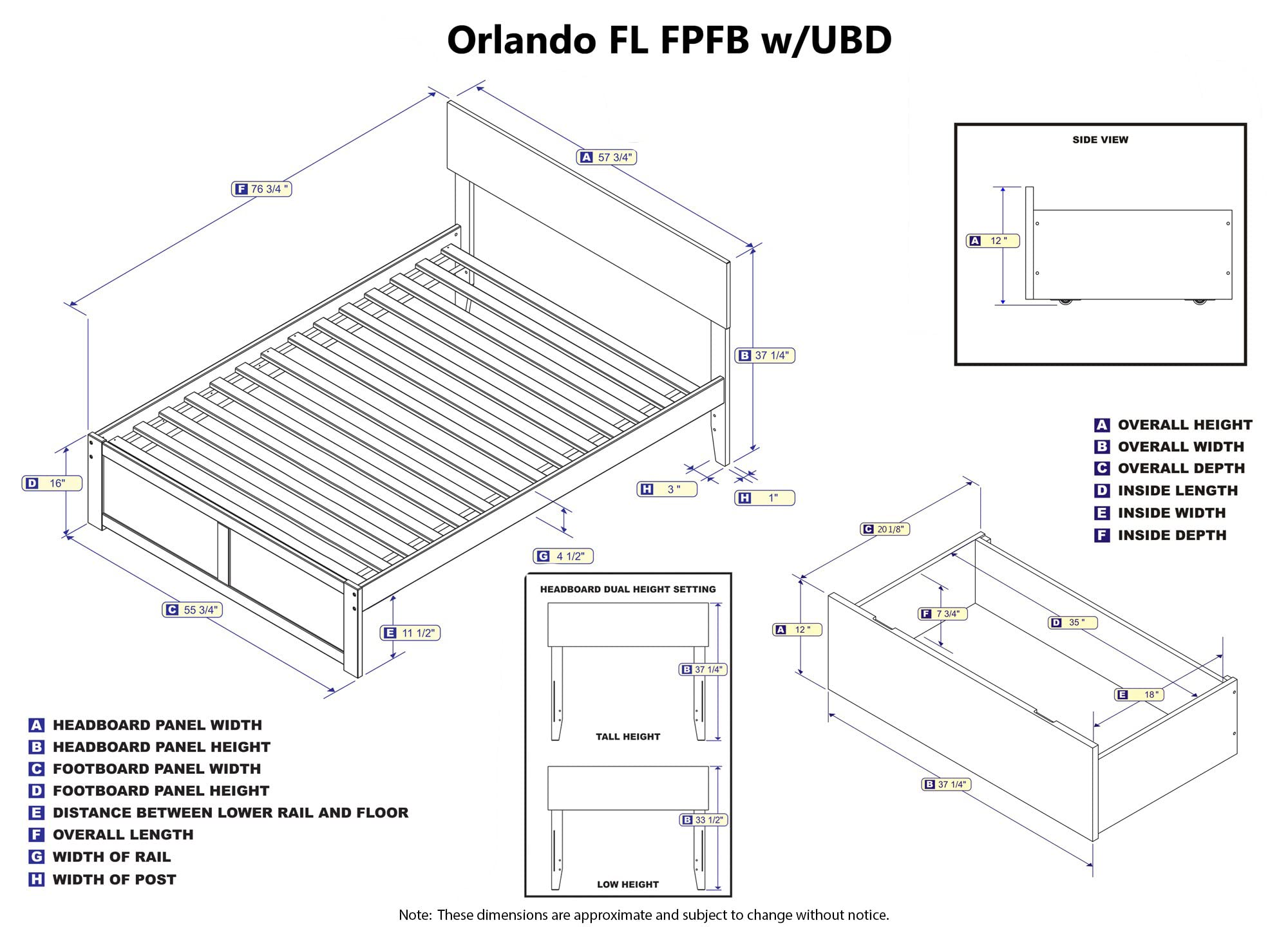 AFI Orlando Full Platform Bed with Flat Panel Footboard and Turbo Charger with Urban Bed Drawers in Walnut