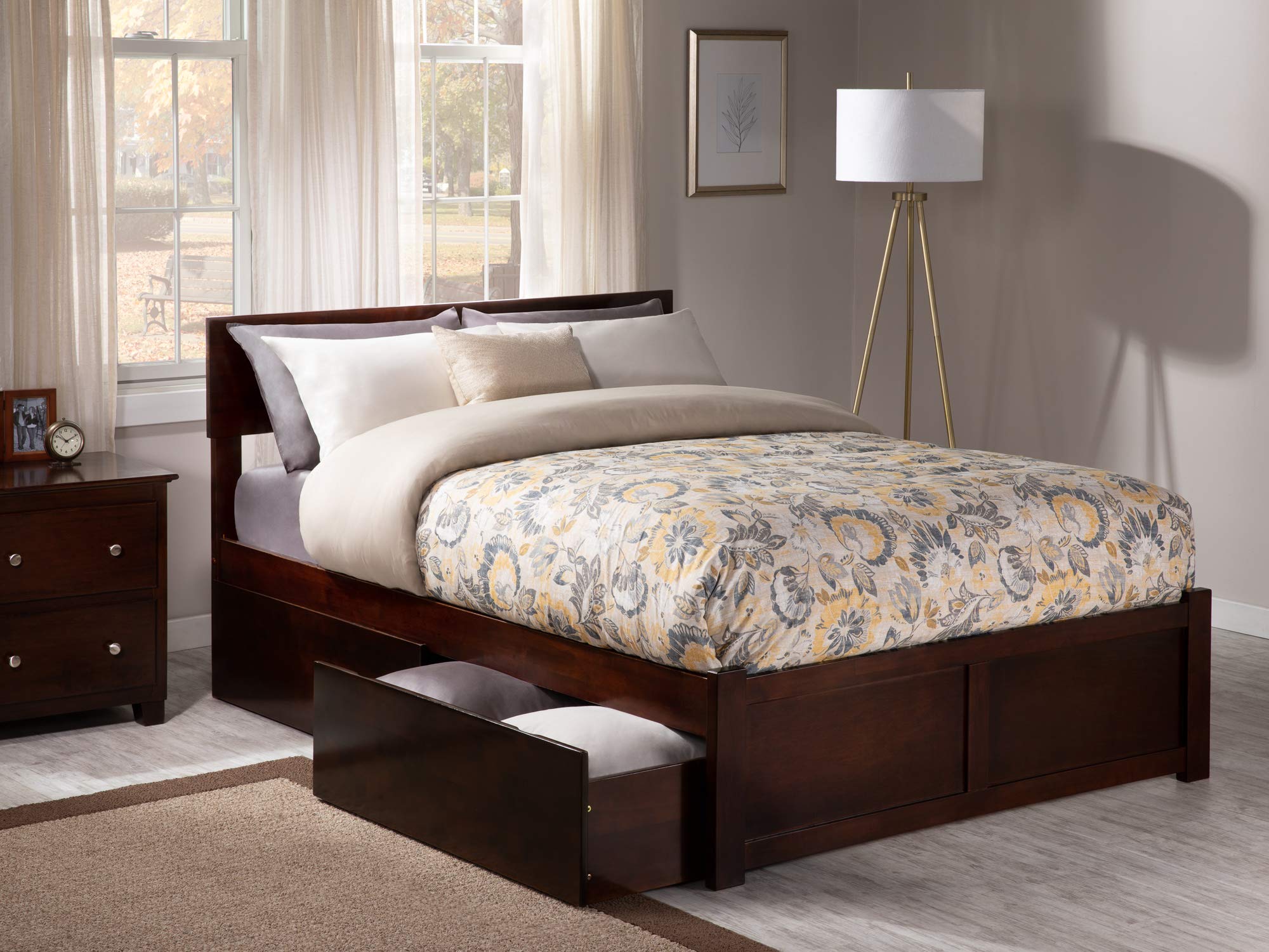 AFI Orlando Full Platform Bed with Flat Panel Footboard and Turbo Charger with Urban Bed Drawers in Walnut