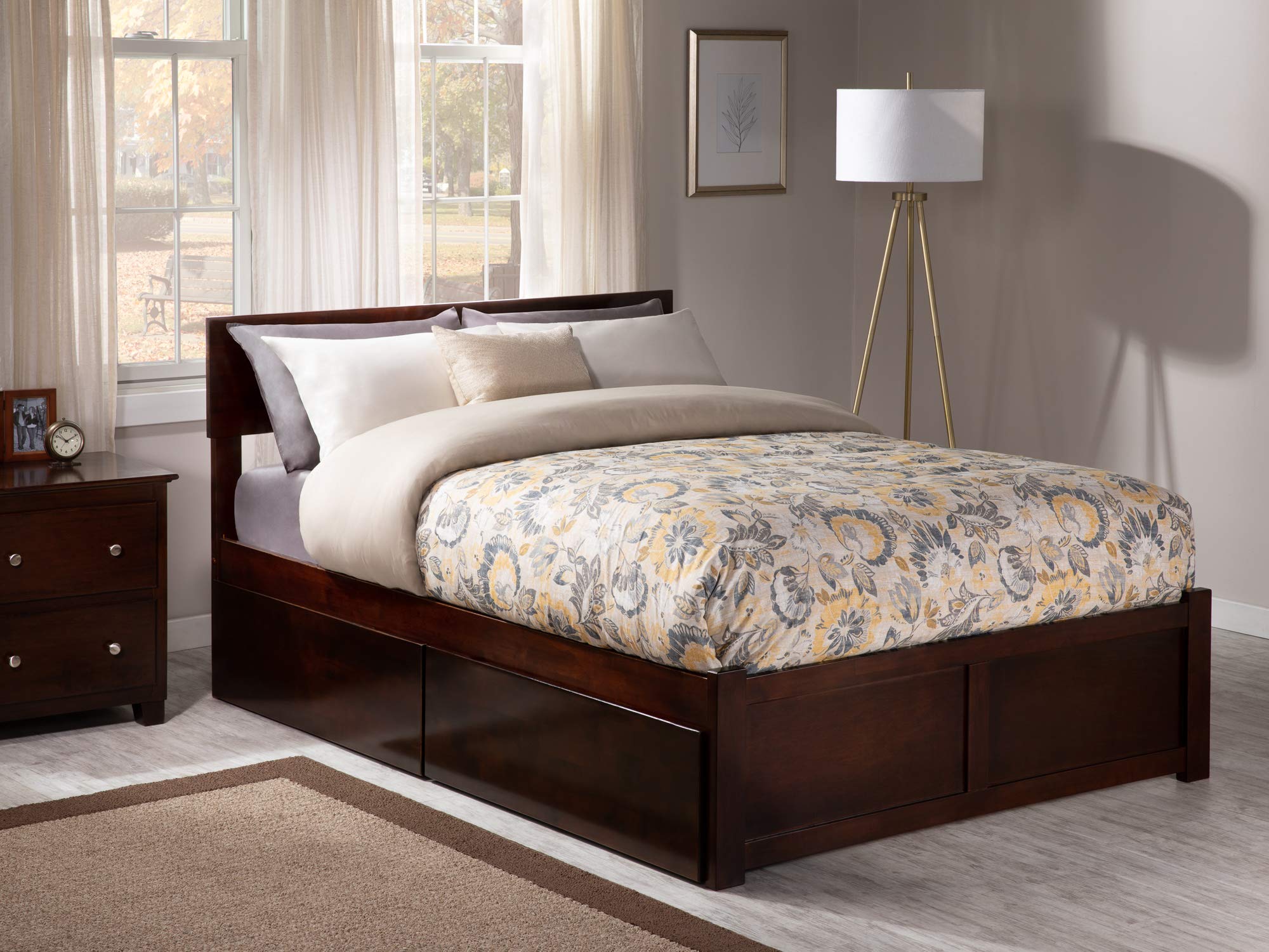 AFI Orlando Full Platform Bed with Flat Panel Footboard and Turbo Charger with Urban Bed Drawers in Walnut