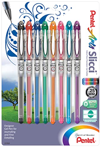 Pentel Slicci Gel Pens .25mm 8/Pkg-Assorted Colors, 1 pack of 8