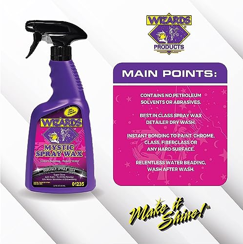 Wizards Spray Mystic Wax - Slick Finish Detailer and Glass Cleaner For Car Detailing Kit - Durable Spray Wax and Ceramic Boost - Repels Water and Protects With No Residue - 22 oz - Made in USA