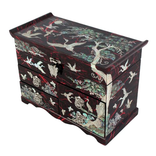 Mother of Pearl Crane and Pine Tree in Red Mulberry Paper Design Wooden Jewelry Mirror Trinket Keepsake Treasure Drawer Lacquer Box Case Chest Organizer