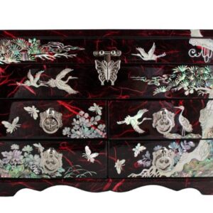 Mother of Pearl Crane and Pine Tree in Red Mulberry Paper Design Wooden Jewelry Mirror Trinket Keepsake Treasure Drawer Lacquer Box Case Chest Organizer