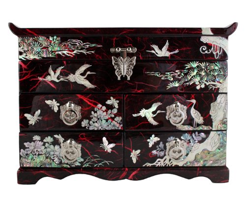 Mother of Pearl Crane and Pine Tree in Red Mulberry Paper Design Wooden Jewelry Mirror Trinket Keepsake Treasure Drawer Lacquer Box Case Chest Organizer