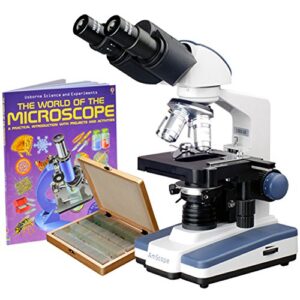 amscope b120c-wm-ps100 siedentopf binocular compound microscope, 40x-2500x magnification, brightfield, led illumination, abbe condenser, double-layer mechanical stage, includes book and set of 100 prepared slides