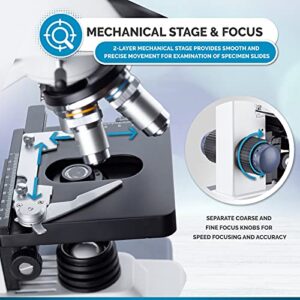 AmScope B120C-WM-PS100 Siedentopf Binocular Compound Microscope, 40X-2500X Magnification, Brightfield, LED Illumination, Abbe Condenser, Double-Layer Mechanical Stage, Includes Book and Set of 100 Prepared Slides