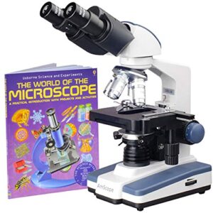 amscope b120c-wm siedentopf binocular compound microscope, 40x-2500x magnification, brightfield, led illumination, abbe condenser, double-layer mechanical stage, includes book