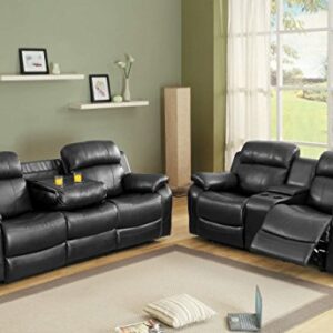 Homelegance Marille Reclining Sofa w/ Center Console Cup Holder, Black Bonded Leather