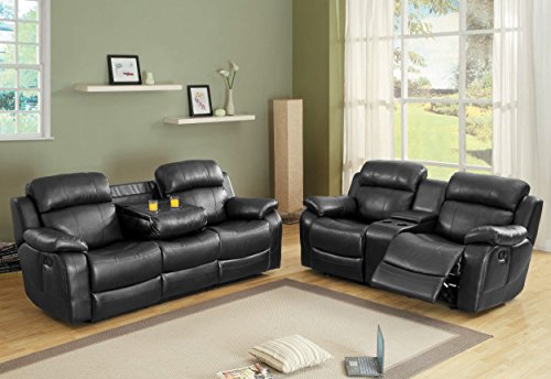 Homelegance Marille Reclining Sofa w/ Center Console Cup Holder, Black Bonded Leather