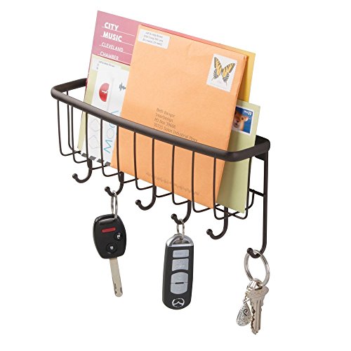 InterDesign Axis Mail Holder and Key Rack – Wall Mounted Letter Organizer and 6 Key Hooks, Bronze