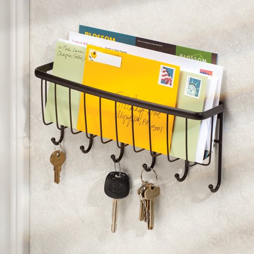 InterDesign Axis Mail Holder and Key Rack – Wall Mounted Letter Organizer and 6 Key Hooks, Bronze