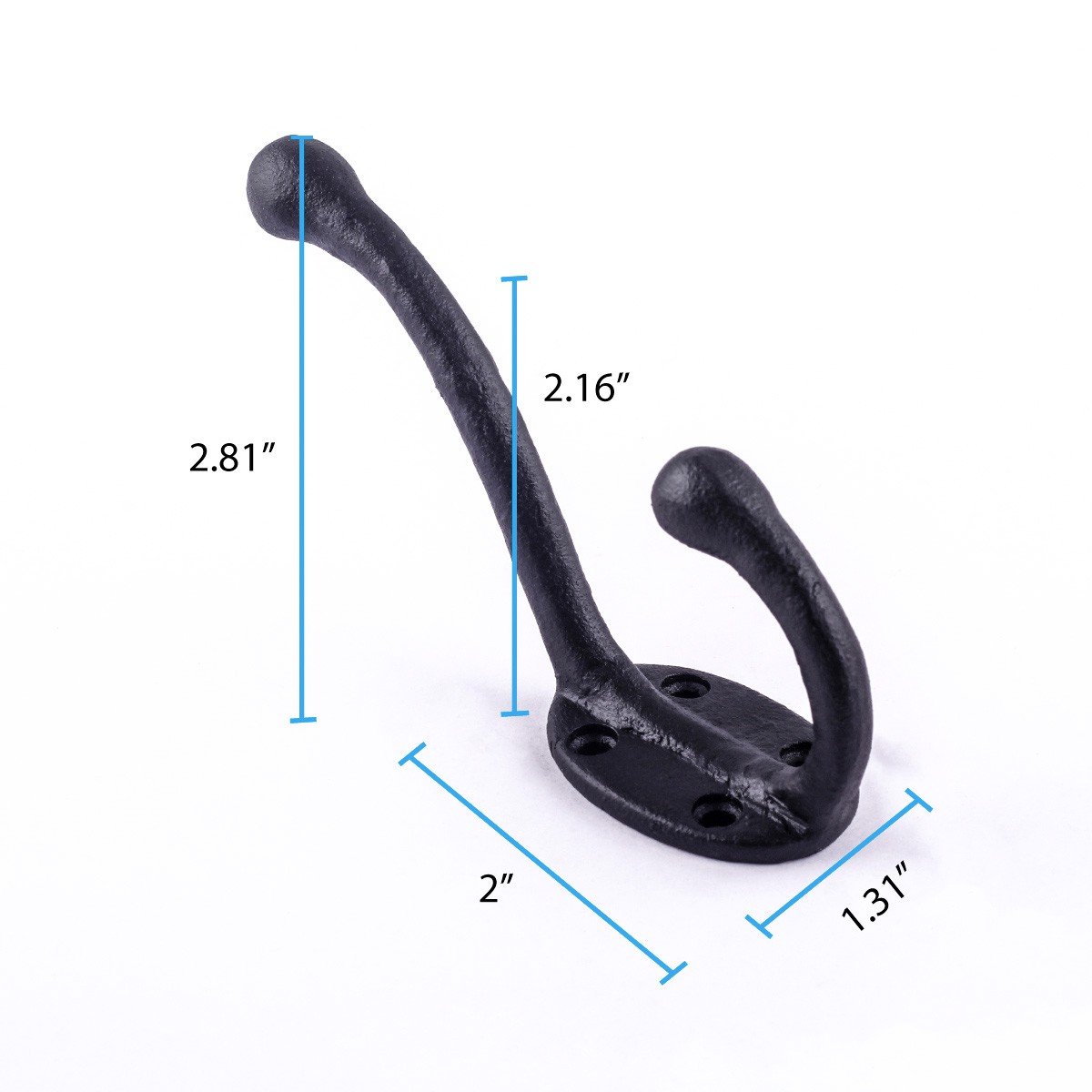 Renovators Supply Manufacturing Black Wrought Iron Robe and Coat Double Hooks 5 in. Long Rustic Entry Way Hat or Jacket Hanger Wall Mount Rust Resistant Bathroom Towel Hooks with Hardware