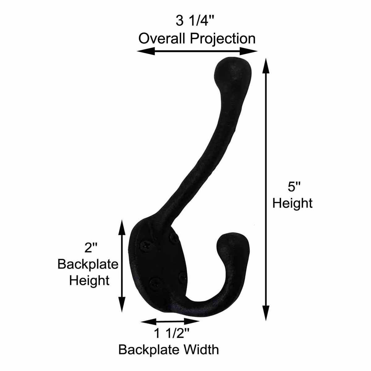 Renovators Supply Manufacturing Black Wrought Iron Robe and Coat Double Hooks 5 in. Long Rustic Entry Way Hat or Jacket Hanger Wall Mount Rust Resistant Bathroom Towel Hooks with Hardware