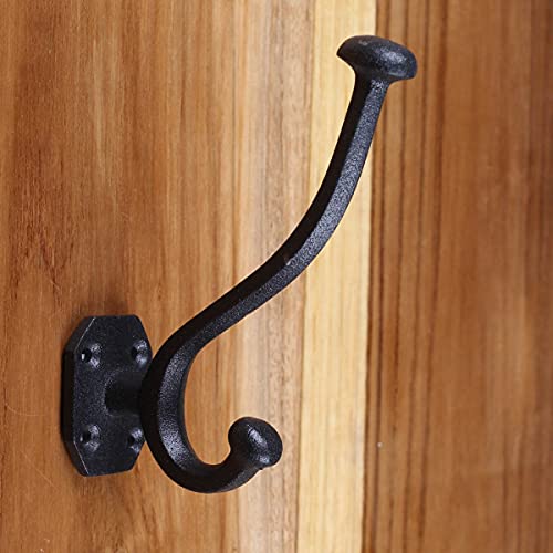 Renovators Supply Manufacturing Black Wrought Iron Robe and Coat Double Hooks 5 Inches Long Rustic Entry Way Hat or Jacket Hanger Wall Mount Including Complete Mounting Hardware