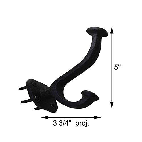 Renovators Supply Manufacturing Black Wrought Iron Robe and Coat Double Hooks 5 Inches Long Rustic Entry Way Hat or Jacket Hanger Wall Mount Including Complete Mounting Hardware