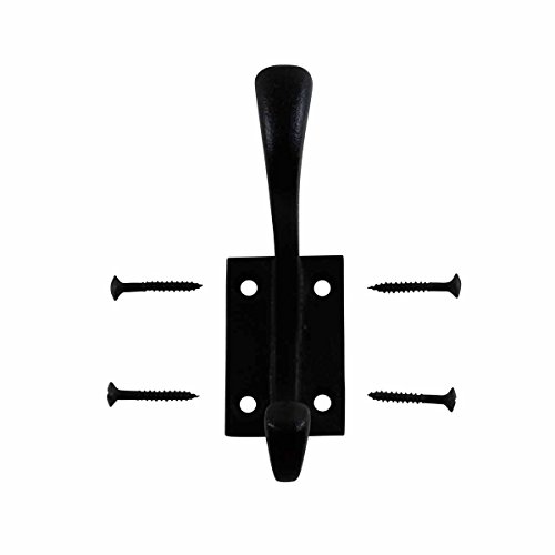 Renovator's Supply Black Wrought Iron Double Coat Robe Hooks 4 Inches Long Rustic Entry Way Hat or Jacket Hanger Wall Mount Including Complete Mounting Hardware