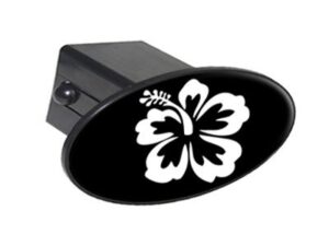 hibiscus flower white on black oval tow trailer hitch cover plug insert 2"
