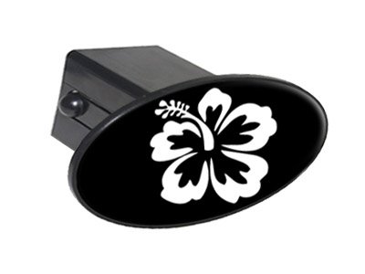 Hibiscus Flower White On Black Oval Tow Trailer Hitch Cover Plug Insert 2"