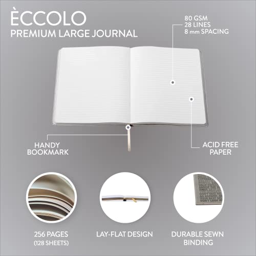 Eccolo Large Lined Journal Notebook, Flexible Cover, Writing Journal, 256 Ruled Ivory Pages, Ribbon Bookmark, Lay Flat, Desk Size for Work or School, Be Bold (Gray, 8x10 inches)