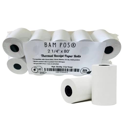 BAM POS 2 1/4" x 85' Thermal Receipt Paper - BPA Free, Shrink Wrapped Rolls - Compatible With Clover Mini, Mobile, First Data FD130, FD50, FD55, Verifone Omni 3200, 3210, 3300 - Pack of 10 Rolls