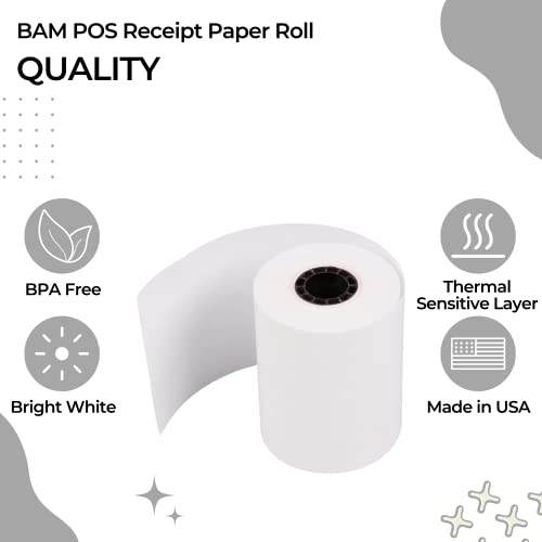 BAM POS 2 1/4" x 85' Thermal Receipt Paper - BPA Free, Shrink Wrapped Rolls - Compatible With Clover Mini, Mobile, First Data FD130, FD50, FD55, Verifone Omni 3200, 3210, 3300 - Pack of 10 Rolls