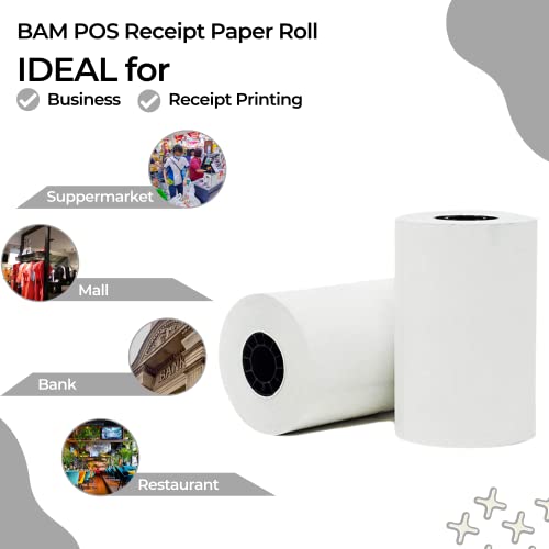 BAM POS 2 1/4" x 85' Thermal Receipt Paper - BPA Free, Shrink Wrapped Rolls - Compatible With Clover Mini, Mobile, First Data FD130, FD50, FD55, Verifone Omni 3200, 3210, 3300 - Pack of 10 Rolls