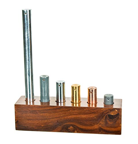 6pc Equal Mass Metal Cylinders Set - Copper, Lead, Brass, Zinc, Iron & Aluminum - Includes Wooden Storage Block - for Specific Heat, Specific Gravity & Density Experimentation - Eisco Labs